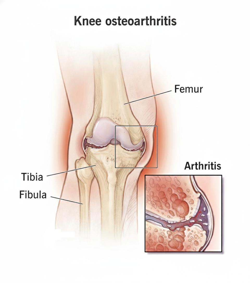 Schematic diagram of osteoarthritis of knee showing cartilage damage and inflammation